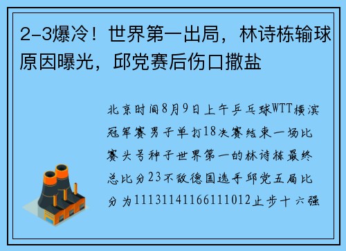 2-3爆冷！世界第一出局，林诗栋输球原因曝光，邱党赛后伤口撒盐
