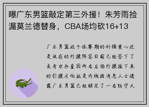 曝广东男篮敲定第三外援！朱芳雨捡漏莫兰德替身，CBA场均砍16+13